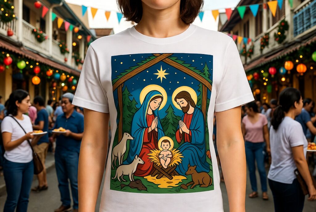 woman wearing nativity scene t shirt
